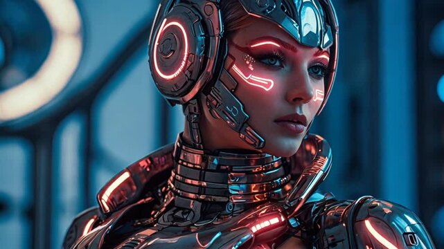 Cyborg girl with digital brain on a futuristic techno background. Artificial intelligence concept. Generative AI