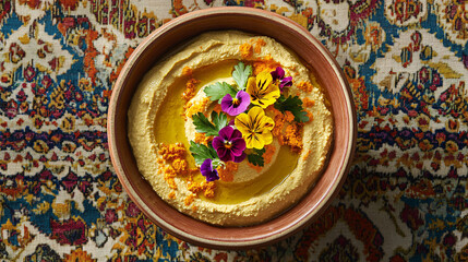 Aerial view of golden-brown hummus bowl decorated with colorful flowers and honey.