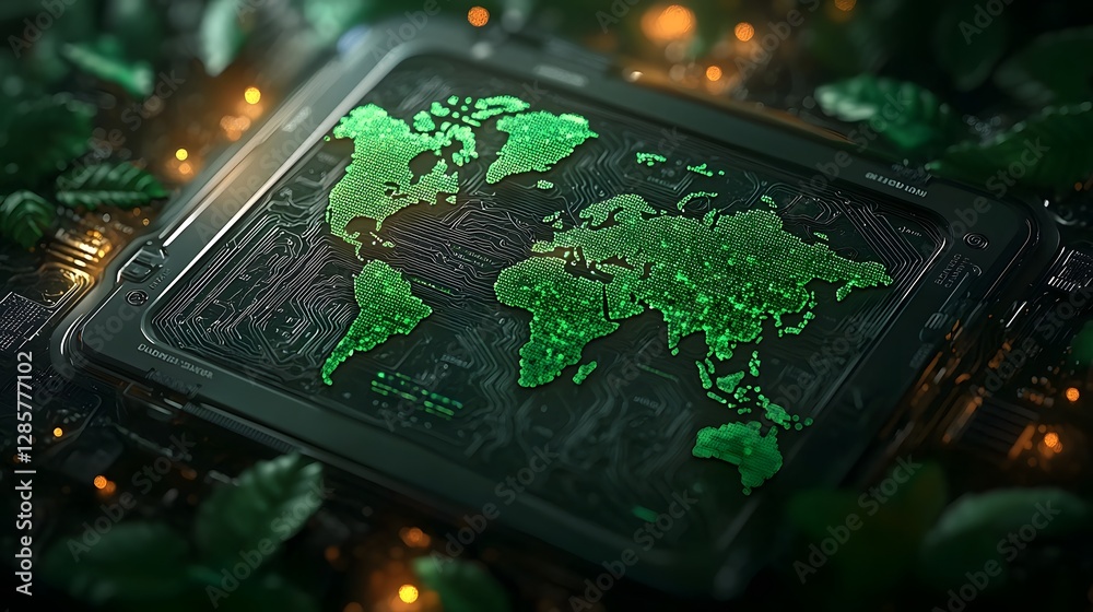 Poster futuristic digital world map infographic with animated green pulsating zones representing active for