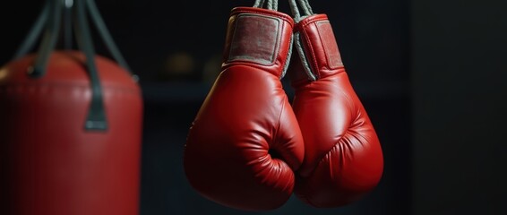 A pair of red boxing gloves hanging on a hook, with a punching bag blurred in the background. The lighting is dramatic, with shadows emphasizing the texture of the gloves