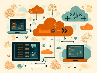 Abstract illustration of cloud computing with connected devices, data exchange, and nature elements