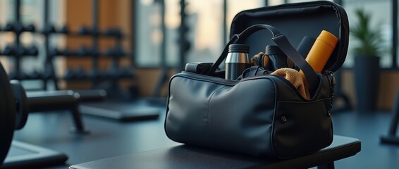 A stylish gym bag open on a bench, with workout gear like a water bottle, towel, and sneakers neatly arranged inside. The background is a modern gym with soft lighting, emphasizing preparation and sty