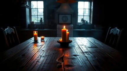 Cozy Candlelit Dinner Table Scene in Rustic Interior with Warm Glow