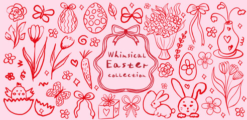 Whimsical Easter coquette set with food and wine red and pink background. La dolce vita concept. Design elements for Valentines Day greeting cards, invitations, spring. Vector illustration