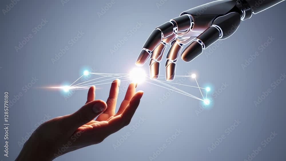 Poster Robotic hand reaches toward a human hand, illustrating advanced technology and digital connection with glowing lines and particle effects in slow motion