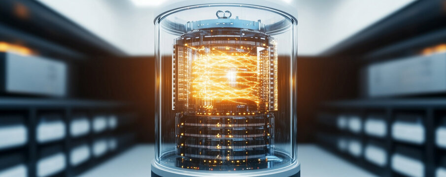 Quantum computer in a futuristic lab setting, glowing and encased.