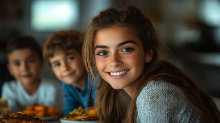 Girl with a smile on her face is sitting at a table with food. She is surrounded by two other children