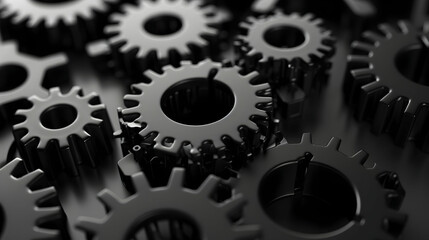 Close-up view of interlocking black gears on a sleek surface, highlighting mechanical precision