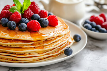 A close-up shot of the Pancakes with Maple Syrup.