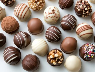 Assorted chocolate truffles on white background