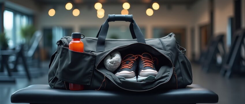 A stylish gym bag open on a bench, with workout gear like a water bottle, towel, and sneakers neatly arranged inside. The background is a modern gym with soft lighting, emphasizing preparation and sty