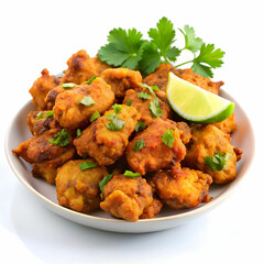 Fototapeta premium A plate of crispy chicken pakoras, golden-brown fritters made with seasoned chicken,