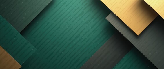 An abstract background with overlapping geometric shapes in shades of emerald green, gold, and charcoal gray. The shapes create a dynamic and futuristic look
