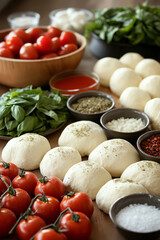 A close-up shot of the ingredients for the Margherita Pizza. Include all key ingredients like pizza dough, fresh mozzarella, tomatoes, basil and olive oil.