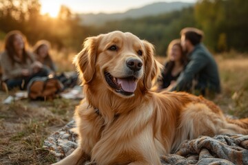 Obraz premium Golden retriever enjoys a sunny picnic with friends in a scenic outdoor setting during late afternoon