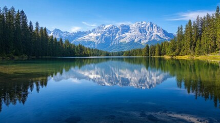 Fototapeta premium Serene Alpine Lake Reflecting Snowy Peaks