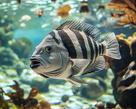realistic photo of sheepshead fish with its distinctive human-like teeth clearly visible, swimming in an aquarium tank, its striped body.Sheepshead fish with human- like teeth.Striped body with Sheeps