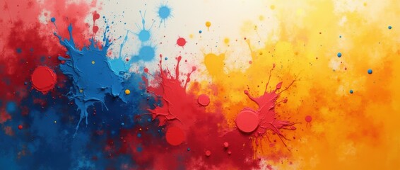 An abstract background with splashes of paint in bold colors like crimson, cobalt blue, and golden yellow. The effect is energetic and artistic