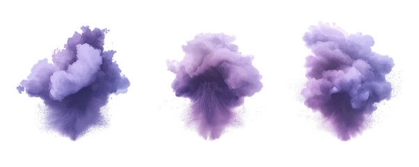 Trio of abstract purple smoke clouds on transparent background