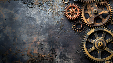Close-up of vintage gears on a textured metal background, showcasing industrial design elements