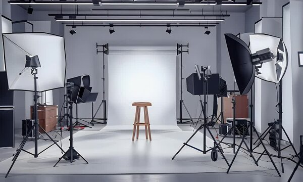 A professional photography studio setup featuring a central stool and multiple lighting equipment.