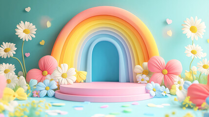 Playful Podium with Rainbow Arch and Daisy-Bow Decor