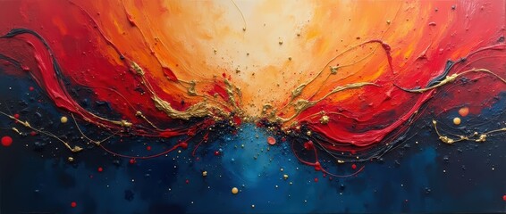 An abstract painting that uses bold, swirling strokes of crimson, deep blue, and gold to convey intense emotions. The colors blend and clash, creating a dynamic and expressive composition