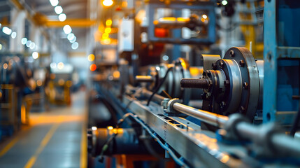 Obraz premium Industrial machinery in a factory setting with blurred equipment and ambient lighting