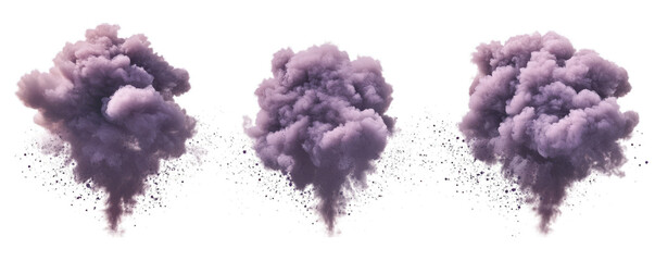 Purple smoke explosion isolated on transparent background in three stages