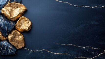 Bold electric blue marble with shimmering gold textures and ample copyspace for modern design use