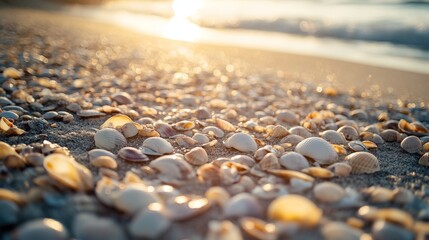 Obraz premium Sunlit seashells on sandy beach with ocean waves in background at sunset