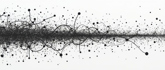 An abstract drawing composed of intricate lines and dots in black and white. The patterns create a sense of rhythm and complexity, resembling a musical score
