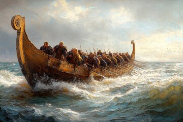 Naklejka premium Viking warriors navigate rough seas in a longship during a dramatic maritime adventure