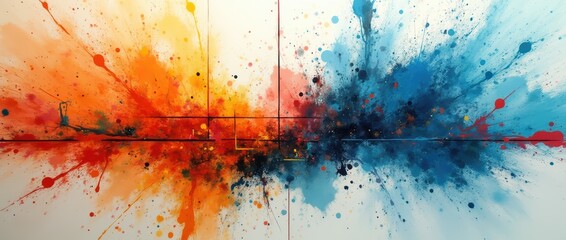 An abstract design that juxtaposes chaotic splashes of paint with precise, geometric lines. The colors are vibrant, with a focus on orange and blue