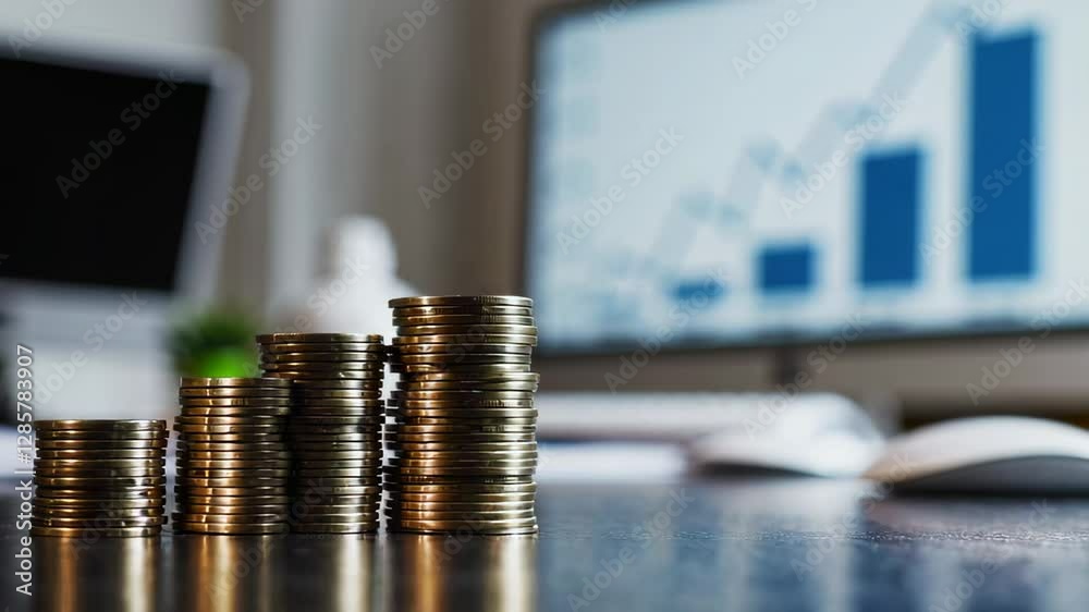 Poster Golden coins form growing stacks in slow motion on a reflective surface, with a computer screen displaying positive business charts in the background