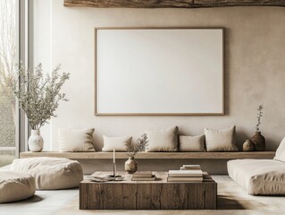 A white framed picture hangs on a wall