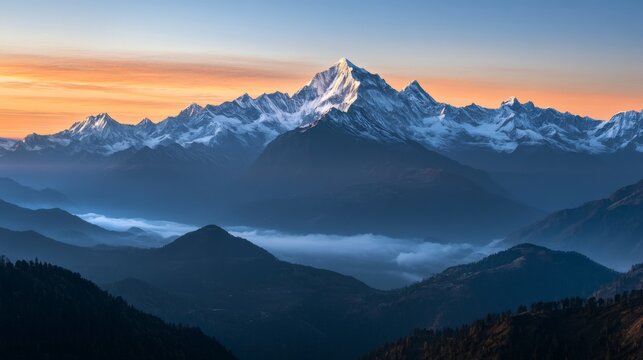 Snowy mountain range at sunrise. Majestic peaks.  Vast landscape. Perfect for travel inspiration, motivational posts, wallpapers - Powered by Adobe