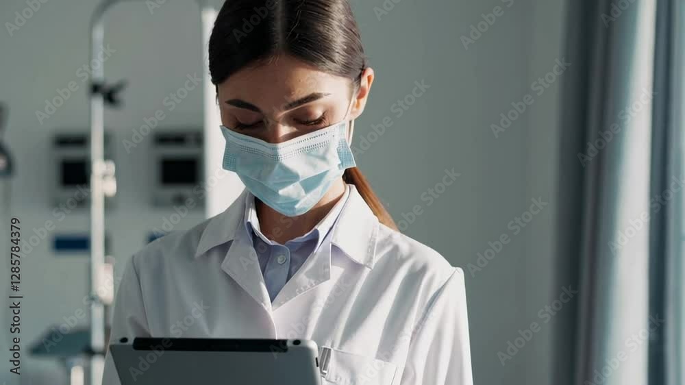 Poster female doctor in surgical mask and lab coat carefully reading patient chart on tablet computer, focu