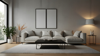 Modern Living Room Interior With Air Conditioner, Orange Sofa And Green Armchair