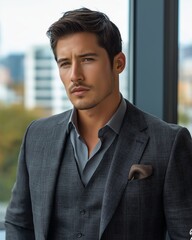 Obraz premium Portrait of man wearing tailored suit in modern office setting, exuding confidence and style. Concept emphasizes man wearing tailored suit, showcasing professionalism and elegance