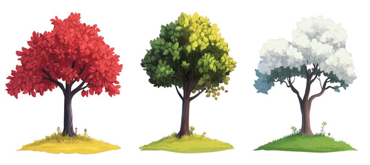 Three vibrant trees: red, green, and white foliage in seasonal change