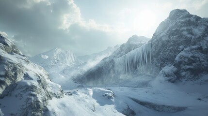 Obraz premium Snowy mountain range landscape, glacial waterfall, serene winter scene, background for travel/adventure, inspiring nature