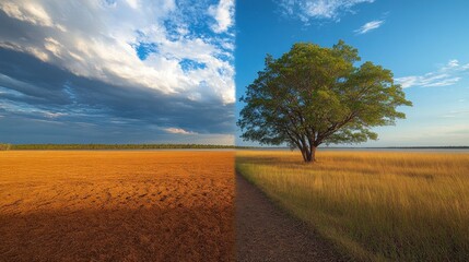 Fototapeta premium Divided landscape, dry vs. lush, tree, path, contrasting weather