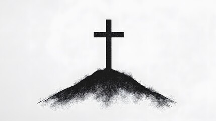 Black Cross Silhouette on a Hilltop with Soft Gray Background