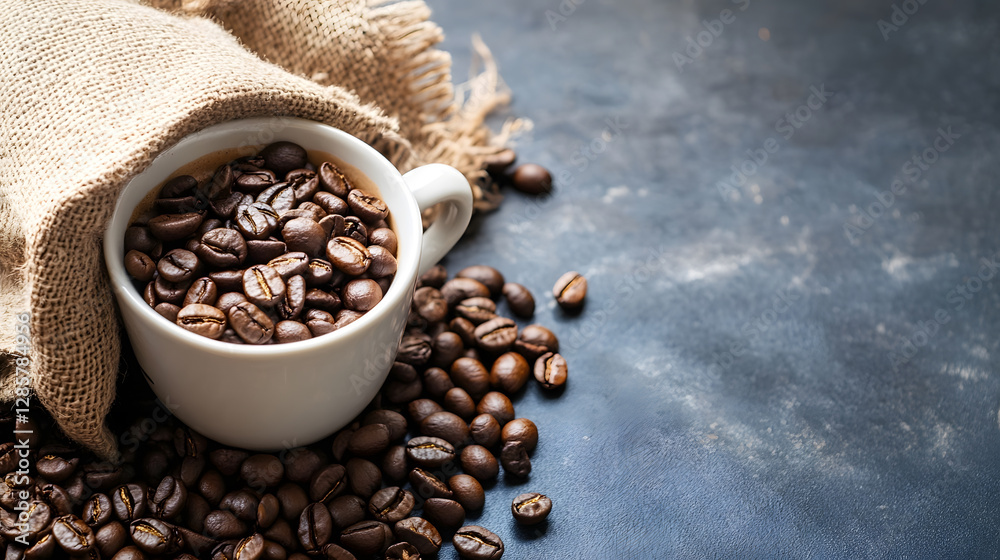 Poster aromatic coffee beans spilling from rustic sack onto dark textured surface : generative ai