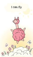 Cute llama in the clouds, flowers and text - I can fly. Isolated on gradient yellow-white background. Love card. Perfect for greeting card, banner, print. Vector illustration.
