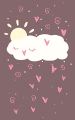 Cute greeting card - the cloud is sleeping, hearts, sun isolated on a brawn background. Perfect for card, banner, print. Vector illustration.