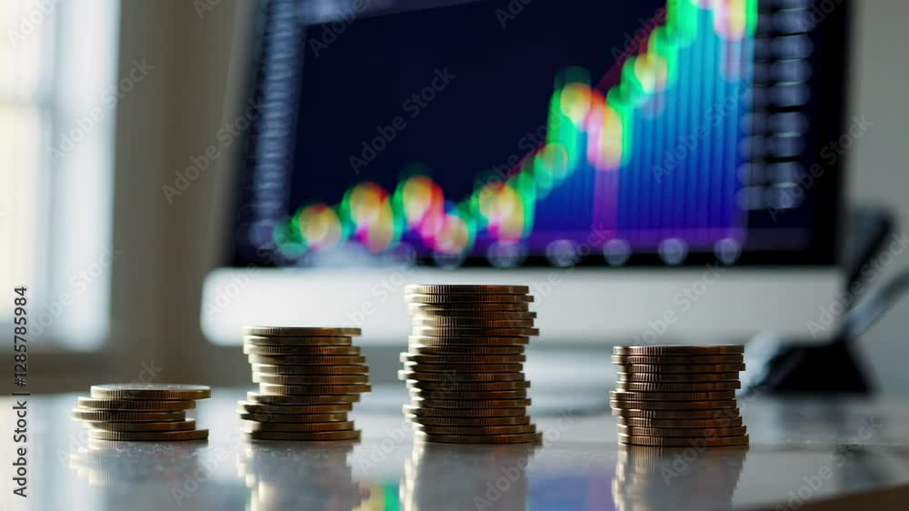 Poster stacking metallic coins rising incrementally in front of vibrant financial graph, representing dynam