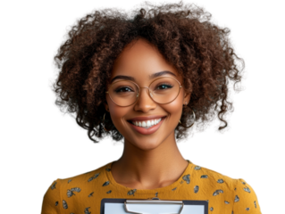 Smiling woman, holding clipboard, white background