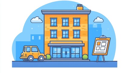 Naklejka premium Colorful Urban Building Illustration with Vehicle and Signboard